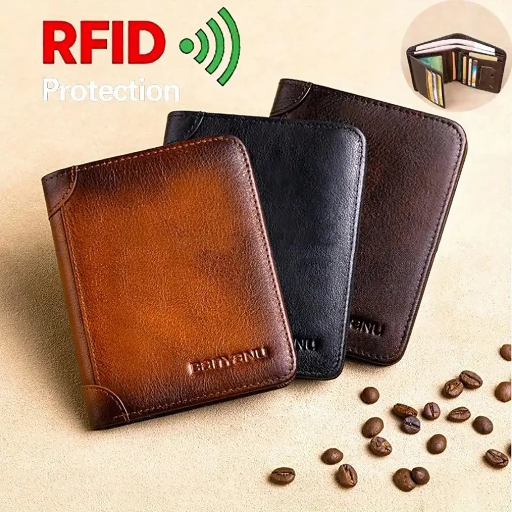 الرجال خمر محفظة جلدية حقيقية، RFID حجب المدمجة قصيرة ثلاثية الطي الطبقة العليا جلد البقر معرف حامل بطاقة الائتمان محفظة المال كليب #1