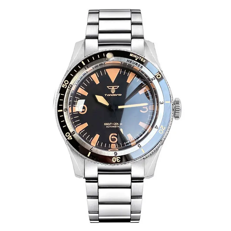 Tandorio Japan NH35A PT5000 Mechanical Mens Watch 20BAR Waterproof Sapphire Luminous Red Black Dial Stainless Steel Bracelet image 3