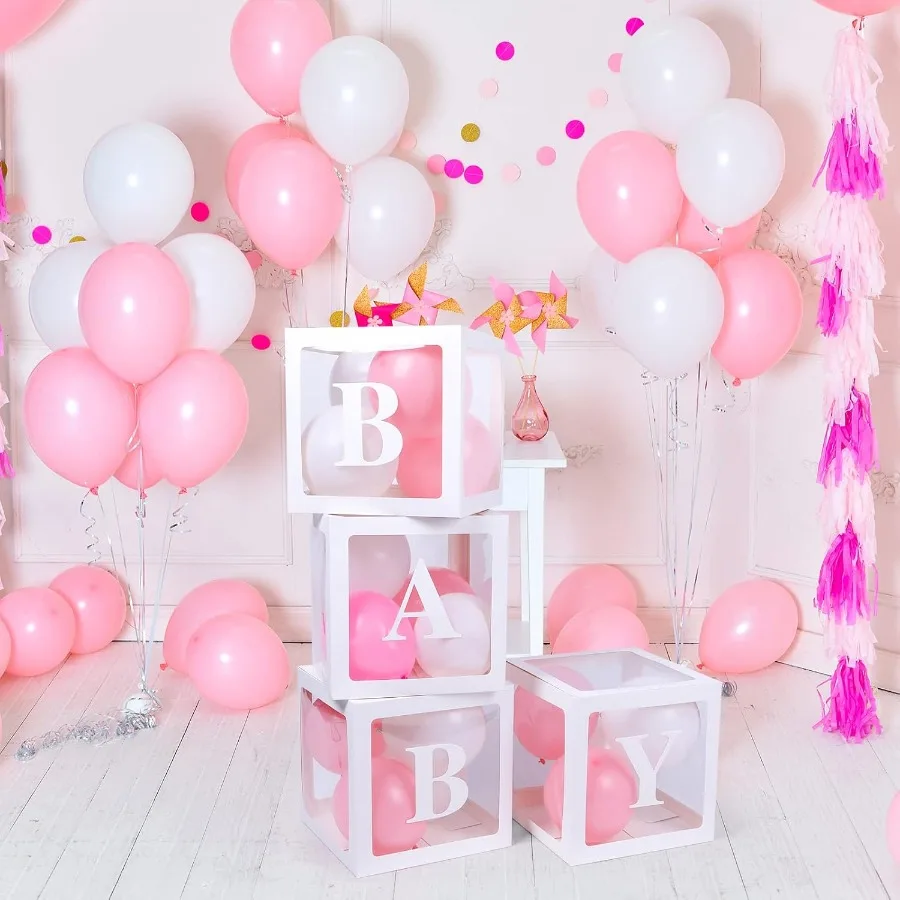 Cajas de bebé con 42 Uds. De letras para Baby Shower, cajas de globos transparentes, bloques de cajas de globos transparentes para niño y niña, fiesta de revelación de género