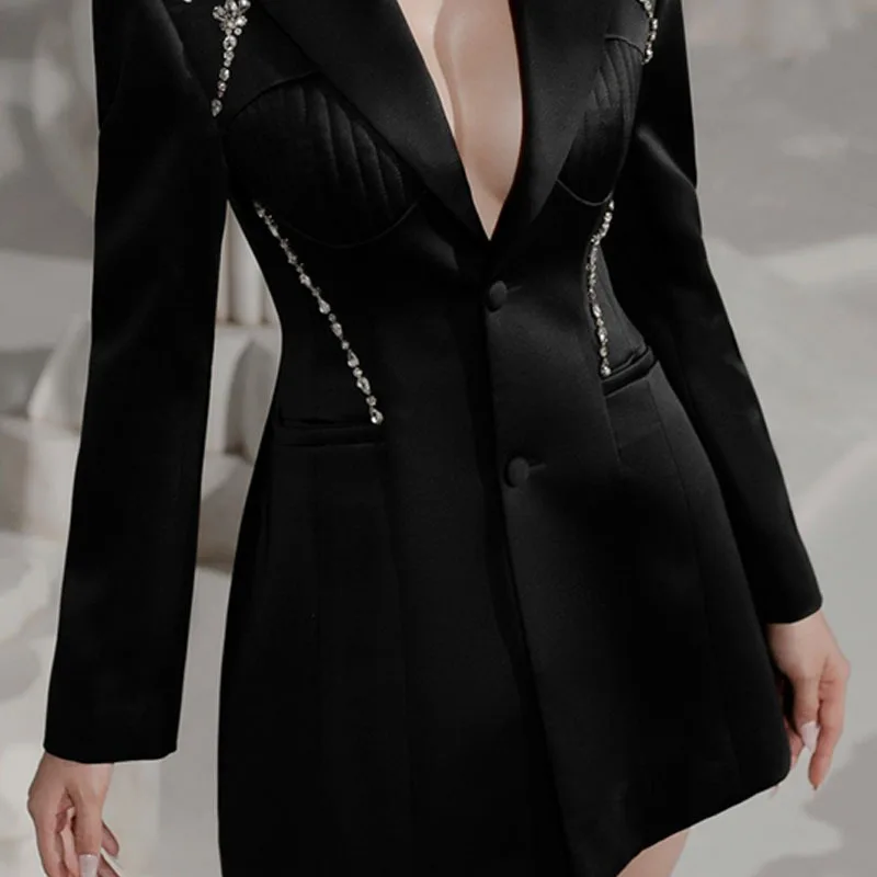 2023 Autumn and Winter Deep V-neck Slim Black Blazer Suit Dress Mid-Waist Diamond A- Line Blazer Coat