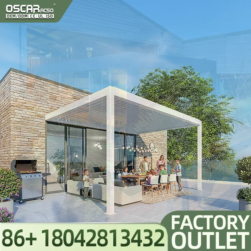 All Weather Rustproof Metal Garden Louvered  with Motorized Roof Waterproof Patio Gazebo for Backyard Deck Poolside Villa Europe