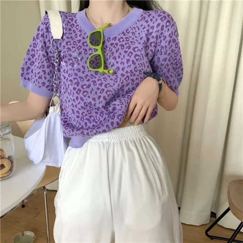 

Vintage Trend Leopard Print Short Tops Tees Summer New Short Sleeve O-neck Loose Knitting T Shirts Fashion Casual Women Clothing