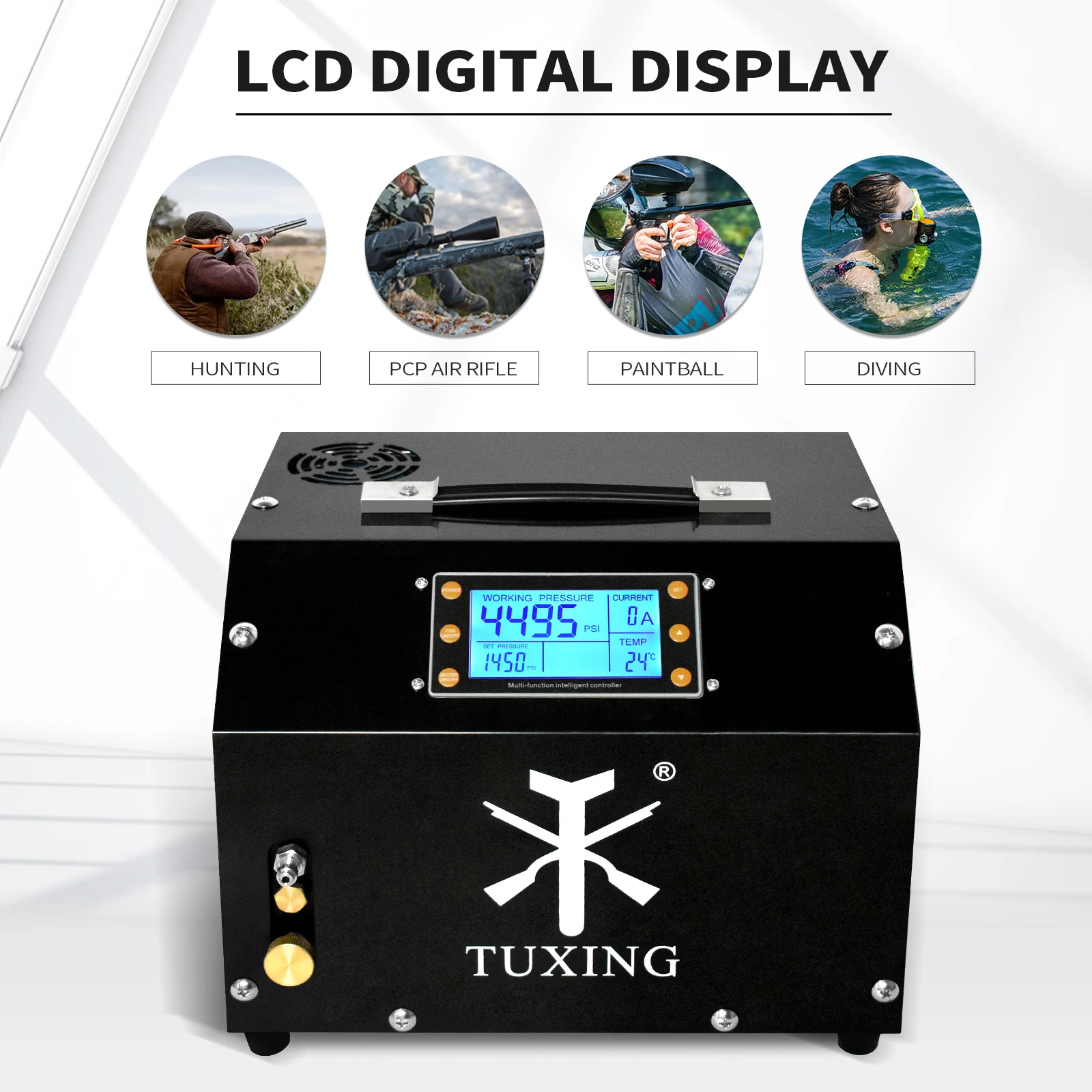 TUXING 300Bar PCP Air Compressor High Pressure Built-in power supply with LCD Display Digital Control System for Airgun TXET063