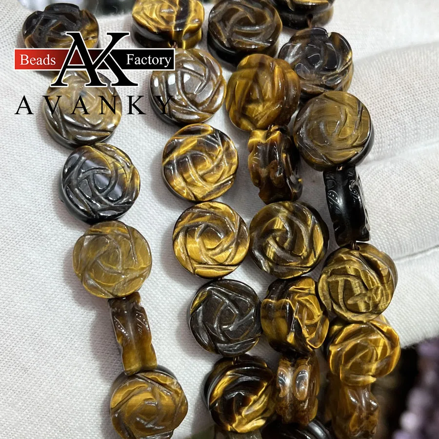 

Natural Tiger Eye Stone Cake Rose Flower Shape Faceted Loose Beads Jewelry Making DIY Necklace Bracelet Accessory 15''14mm