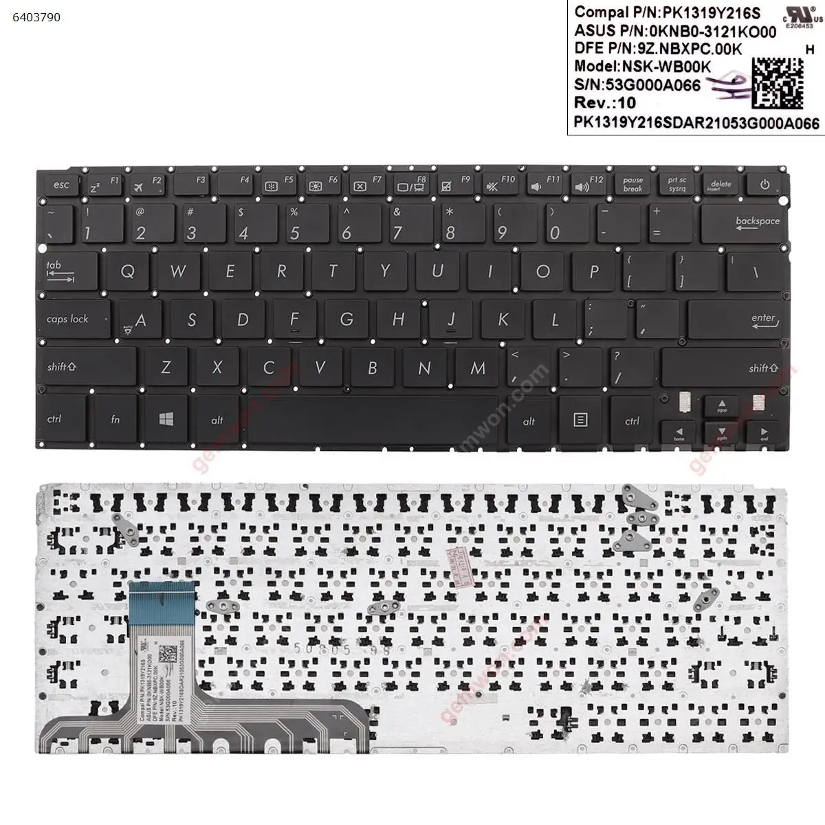 Teclado portátil dos EUA para Asus, Preto sem moldura, UX305CA UX305FA