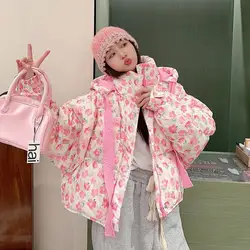 두꺼운 면옷 여성용 루즈핏 짧은 두꺼운 꽃 장식 여성용 면옷 면 재킷 면 코트 면옷 