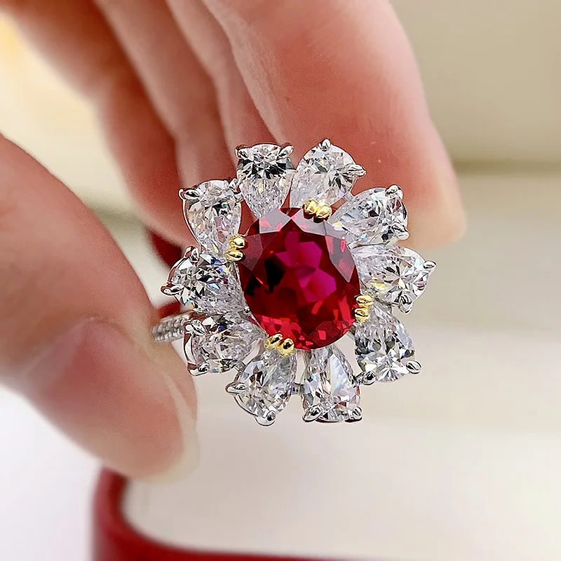 

100% 925 Sterling Silver 9*11 Red Oval Sunflower Fashion Ring High Carbon Diamond For Women Sparking Wedding Fine Jewelry