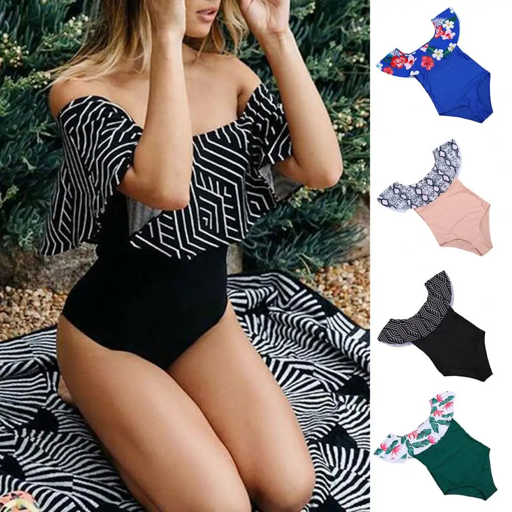 

Sexy Ruffled Trim Off Shoulder Monokini Floral Print S-shaped Figure Swimsuit Quick Drying Skinny One-piece Hawaii Swimwear