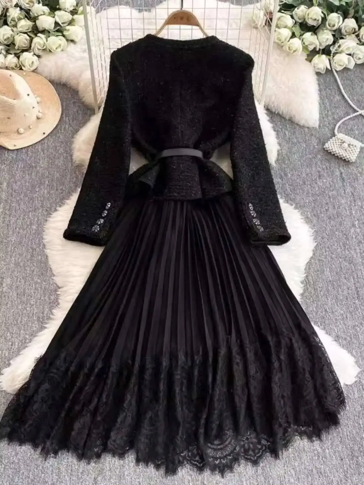 Hepburn elegante longo tweed vestidos femininos outono cinto de cristal plissado chiffon rendas festa vestidos luxo robe ocasião formal