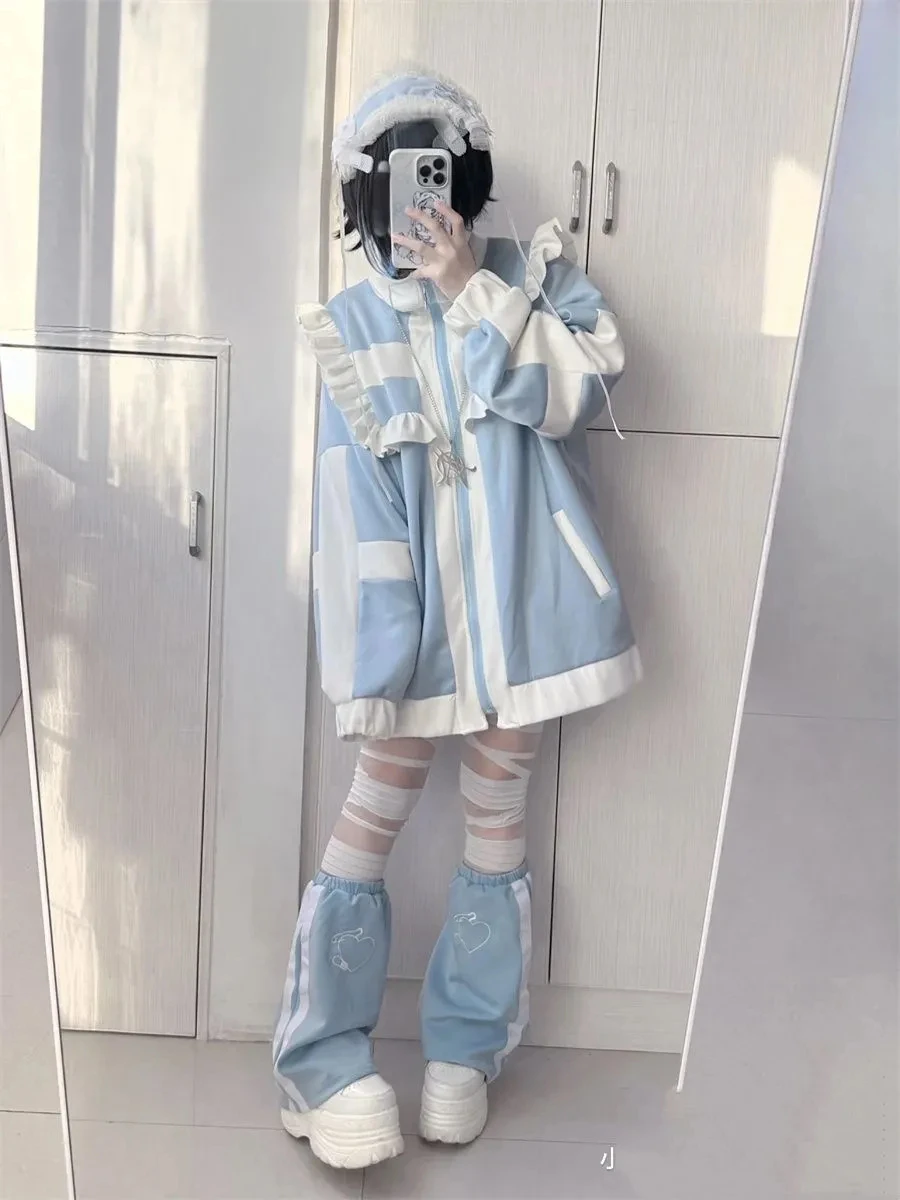 اليابانية Y2k الجمالية لوليتا نمط هوديس المرأة Harajuku سستة البلوز معاطف فضفاضة الخريف الجرونج عادية الكشكشة التصحيح معطف