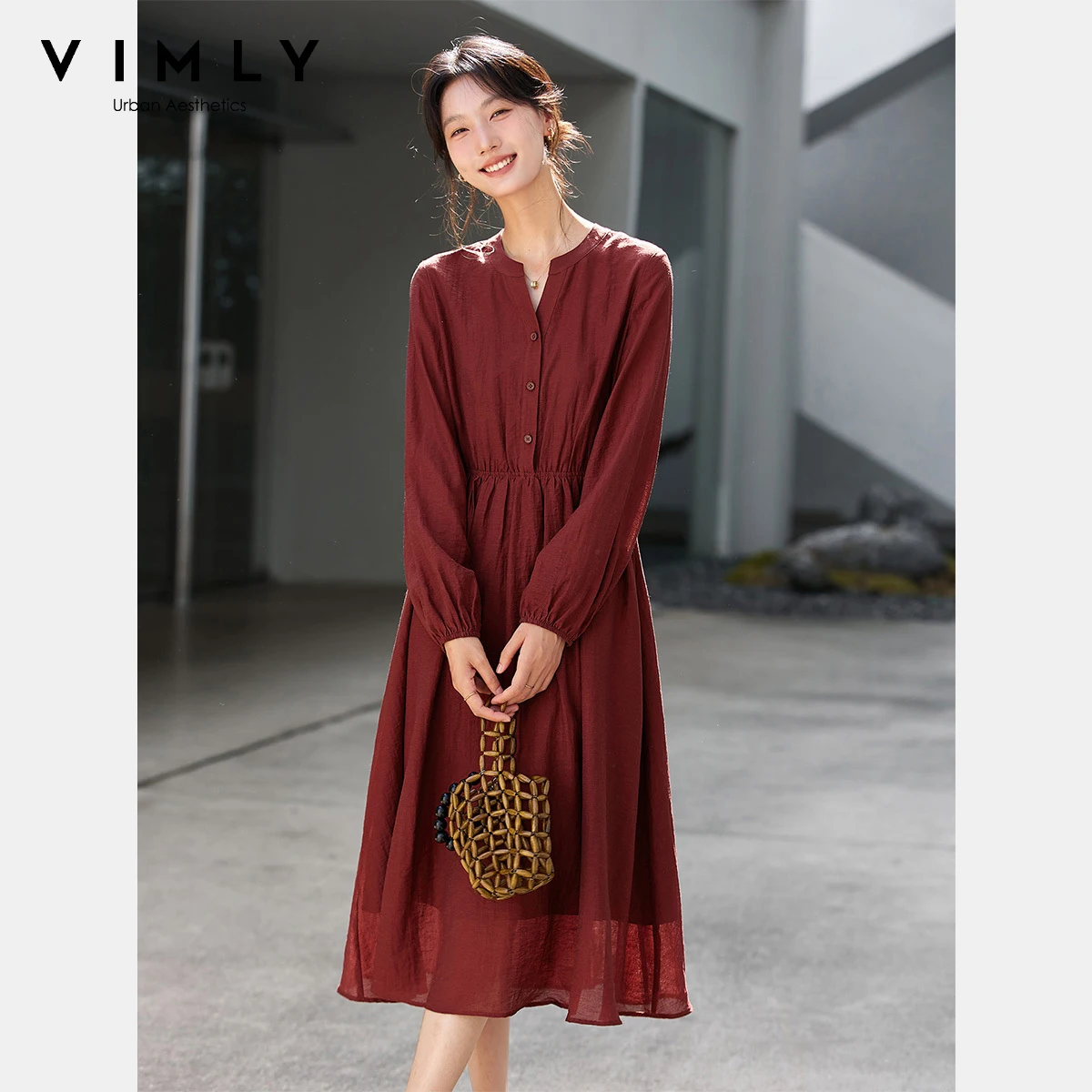 

VIMLY Red Long Dresses Woman 2025 Autumn New French A-line Female Dresses Holiday Outfits Round Neck Dress Ladies Clothing A2838