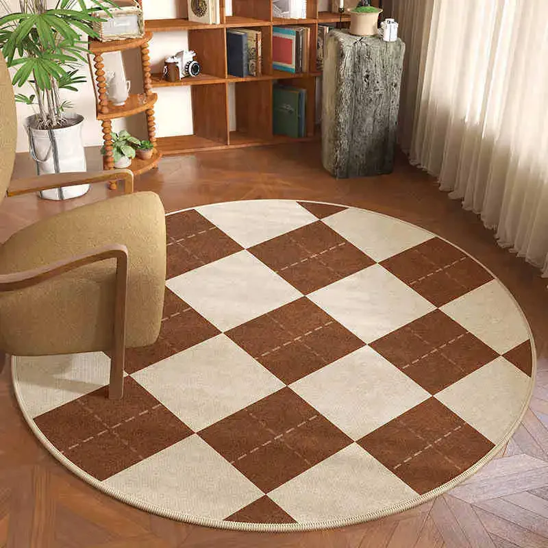 Vintage Checkerboard Round Carpet – Red & Beige Stitched Texture Soft Floor Mat for Living Room, Classic Home Decoration Rug