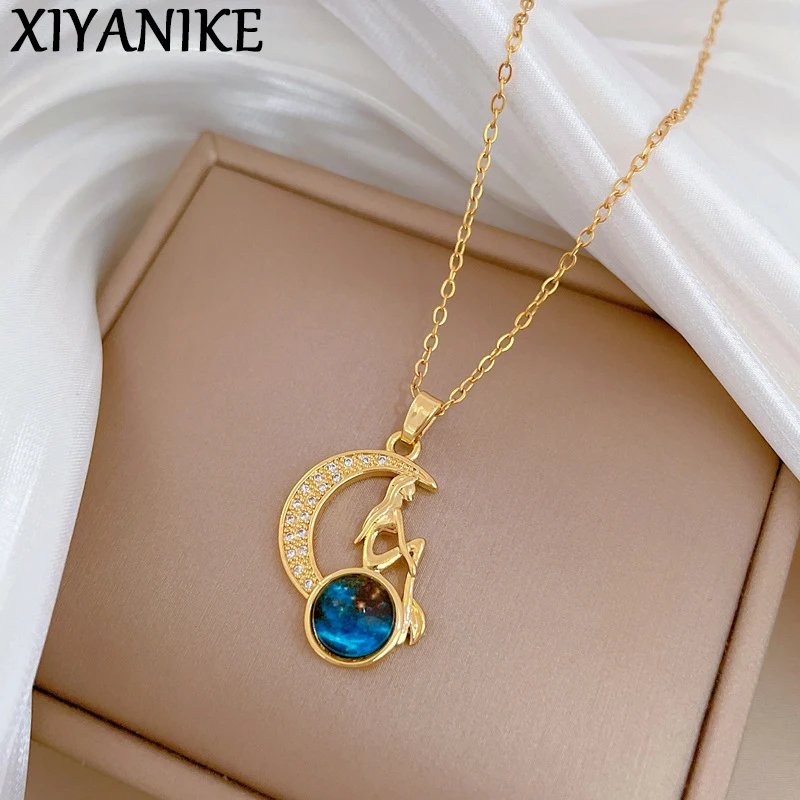 XIYANIKE 316L Stainless Steel Moon Blue Starry Sky Crystal Girl Portrait Pendant Necklace Women Elegant Design Clavicle Chain