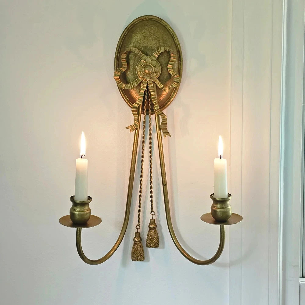 Golden double taper candle holder light luxury living room villa home hanging French romantic wrought iron wall decoration