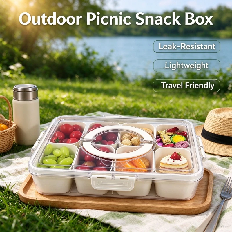 Stocking Stuffers Veggie Tray with Lid & Handle, Divided Serving Snack Spinner Tray, Portable Snackle Box, Clear Container for