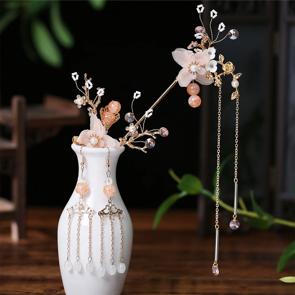 Girls Headpiece Fashion Tassel Handmade Chinese Flower Hanfu Hair Stick Headwear Sets Earrings Hair Comb