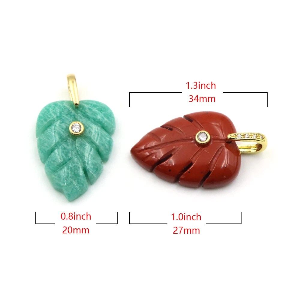 Natural Stone Leaf Shape Pendant Healing Crystal Carved Leaf Charm Gold Plated Cubic Zirconia Inlay DIY Jewelry Making Accessory