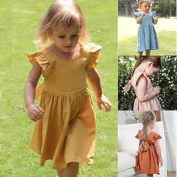 2024 Summer Infant Girls Dress Flying sleeve 100%Cotton Linen Newborn Baby Kids Princess Dress  For 9M-6Y Party Toddler Dresses