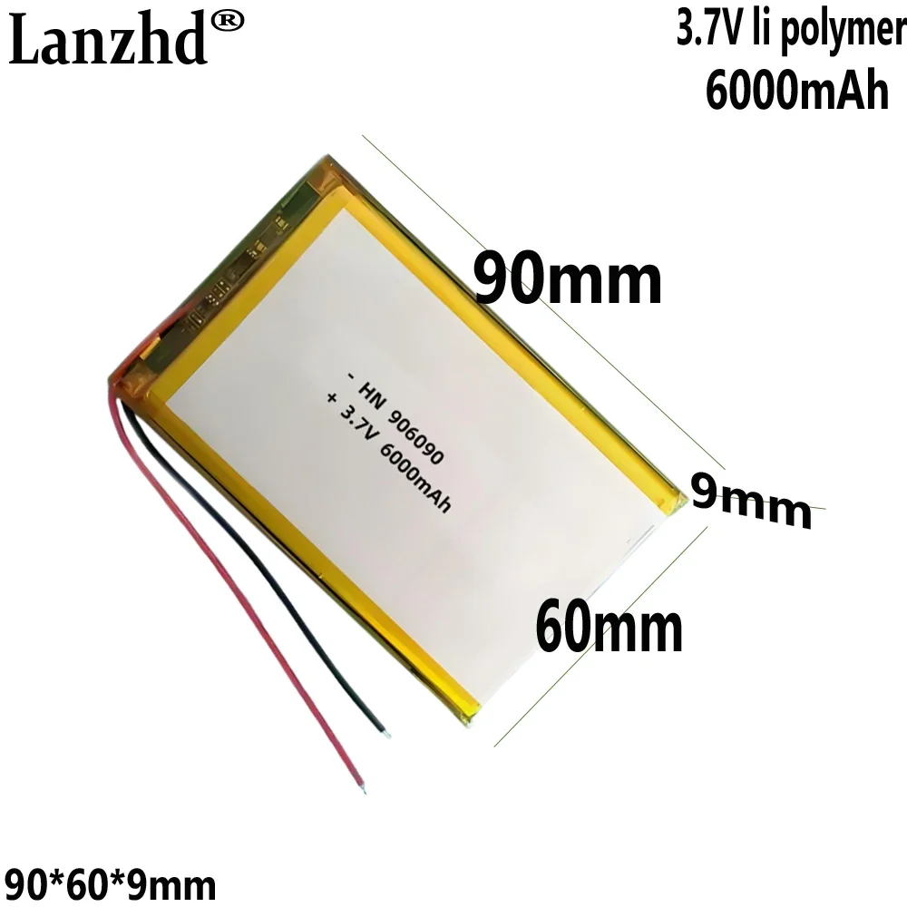 

1-12PCS li-po Polymer battery 6000mah 3.7V 906090 smart home MP3 speakers Li-ion battery for dvr GPS mp3 mp4 cell phone speak