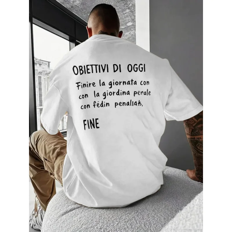تي شيرت أبيض للرجال بطباعة نص إيطالي OBIETTIVI DI OGGI، قطن عالي الجودة 180 جرام، تصميم بيان مضحك