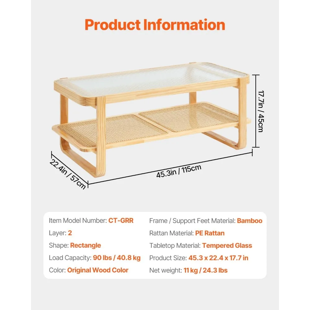 Mesa de centro de vime, mesa de centro retangular de madeira tecida com tampo de vidro temperado, mesa de centro moderna de armazenamento Boho de 45 polegadas