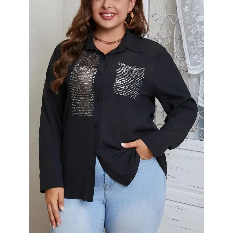 Women\'s Plus Size 1XL-5XL Tops Contrast Sequin Turn Down Fashion Collar Buttoned Top  Blouses for Women