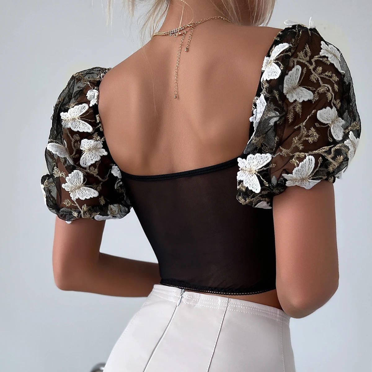 Summer Black Sexy Lace Hollow Women Backless Blouse,Y2K Street Style Puff Sleeve Embroidery Purple Crop Top