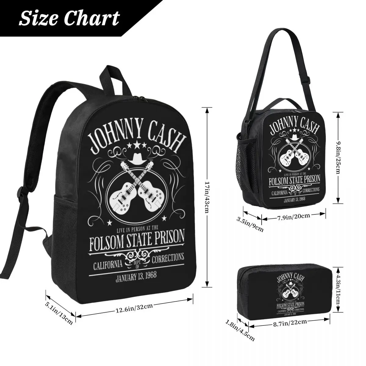 Johnny Cash Live At Folsom State Prison Backpack BookBag School Bag Computer Shoulder Bags 3ps Insulated Lunch Bag Pencil Case