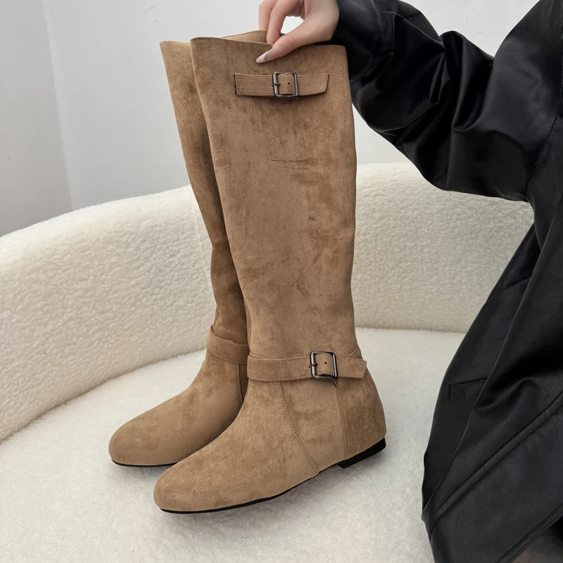 Winter Vintage Belt Buckle Women Knee High Boots Fashion Round Toe Internal Elevation Ladies Shoes Modern Long Botas