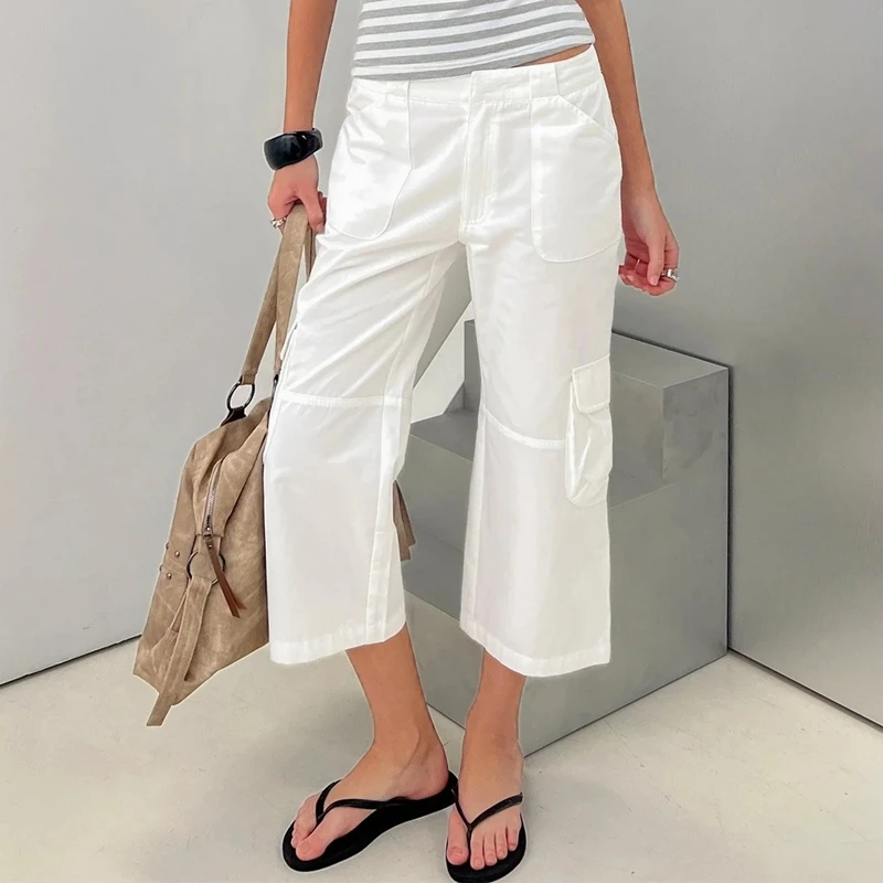 Women Y2K Cargo Capri Pants Multi Pockets Cropped Cargo Trousers Loose Straight Leg Vintage Streetwear Casual Going‑out Bottoms