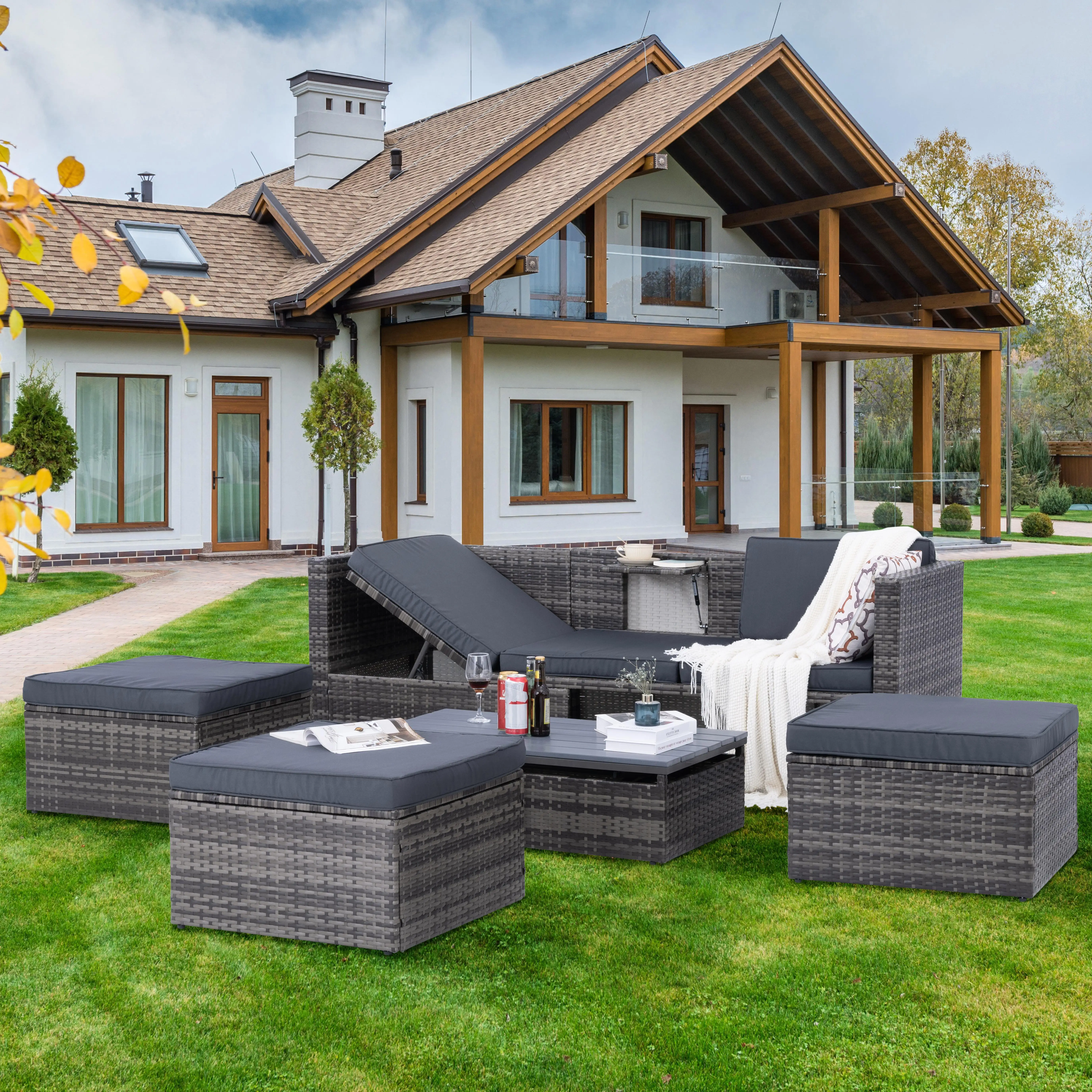 5-Piece Outdoor Wicker Furniture Set with Lift-Top Coffee Table & Lounger Sofa for Patio Relaxation