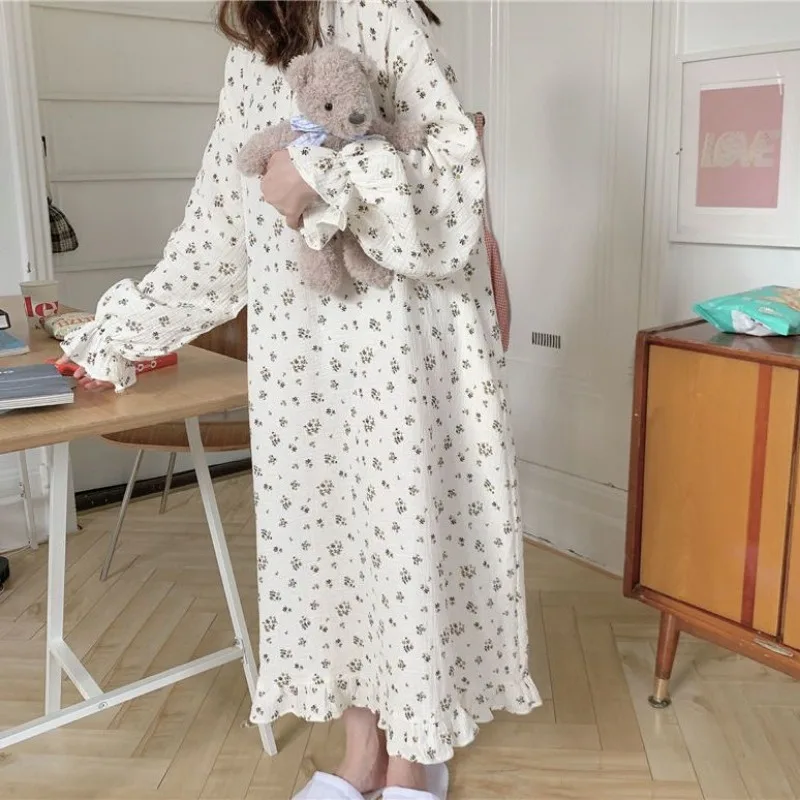 Floral Women Nightgown Korean Style Sleepwear Long Sleeve Night Dress Autumn Ruffle One Piece Pajamas Home Sleeping Wears New In