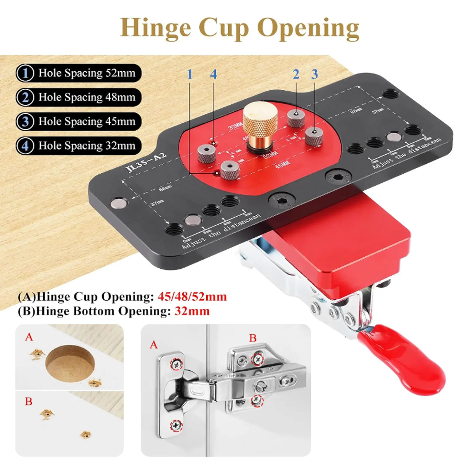 Door Hinge Installation Jig 35mm Concealed Cabinet Hinge Fixture Hole Drilling Locator Tool Set for Home and Woodworking