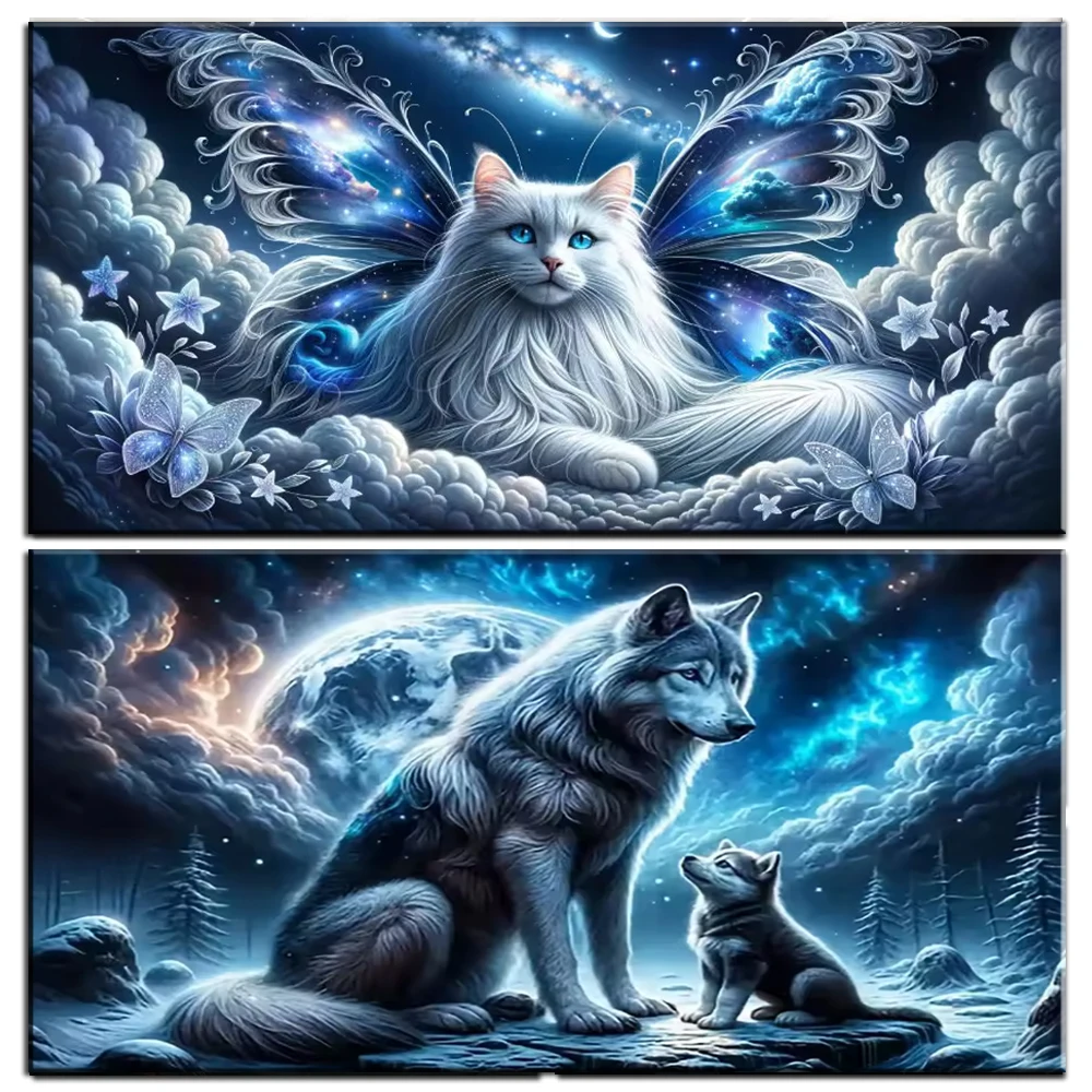 Novelty Diamond Painting Picture Starry Sky Elf Cat Wolf Landscape Full Square Mosaic 5D DIY Diamond Embroidery Sale Large Size