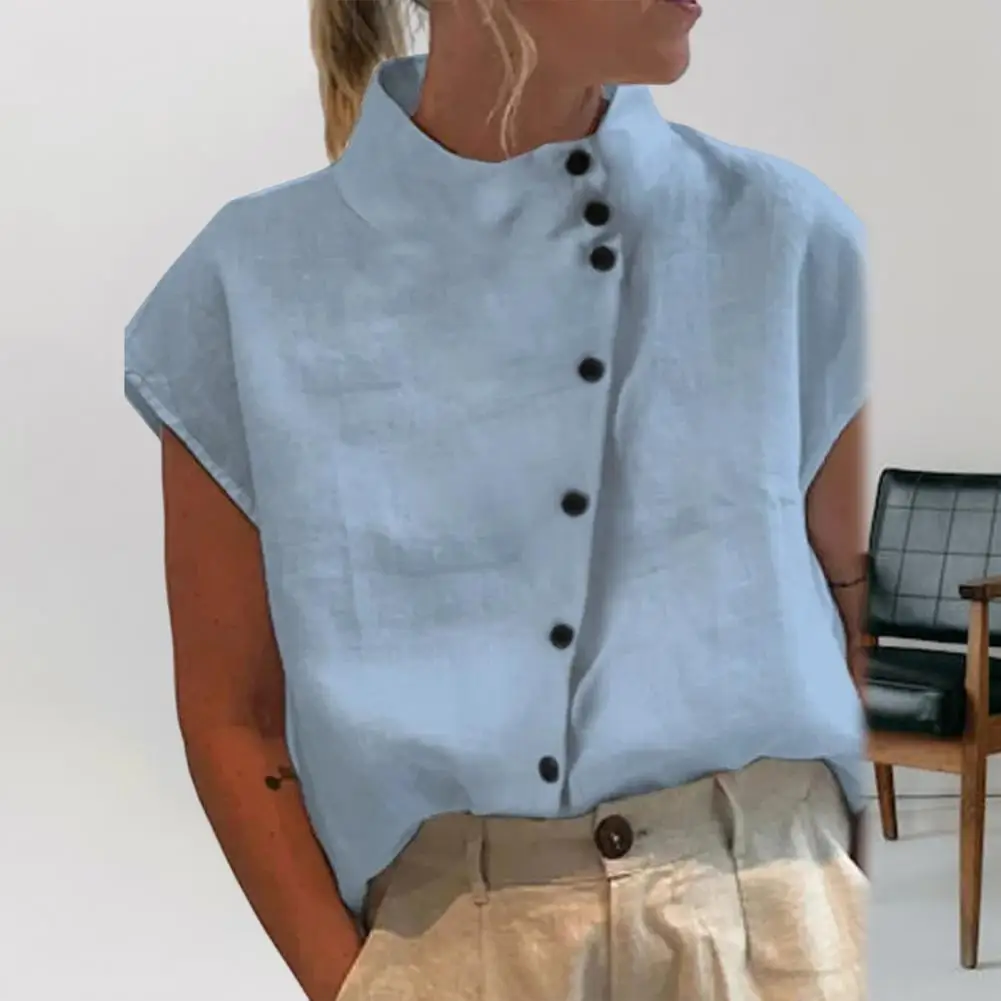 Elegante camicia con colletto alla coreana in lino di cotone abbottonatura diagonale camicetta a maniche corte Raglan con scollo a barchetta estiva sottile tinta unita