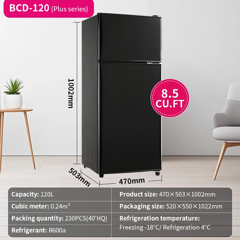 120L Double Door Refrigerator with Top Freezer Small Home Fridge for Apartment Dormitory