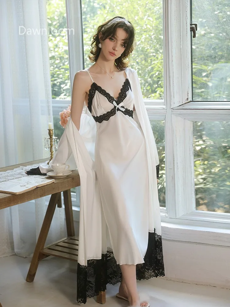 

Dawnloom белая атласная черная кружевная ночная рубашка и халат из двух предметов для женщин, роскошная романтическая изысканная домашняя одежда для дома