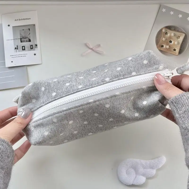 Portable Soft Grey Polka Dot Canvas Pencil Case Large Capacity Smooth Zipper For Students School Office Daily Stationery Storag