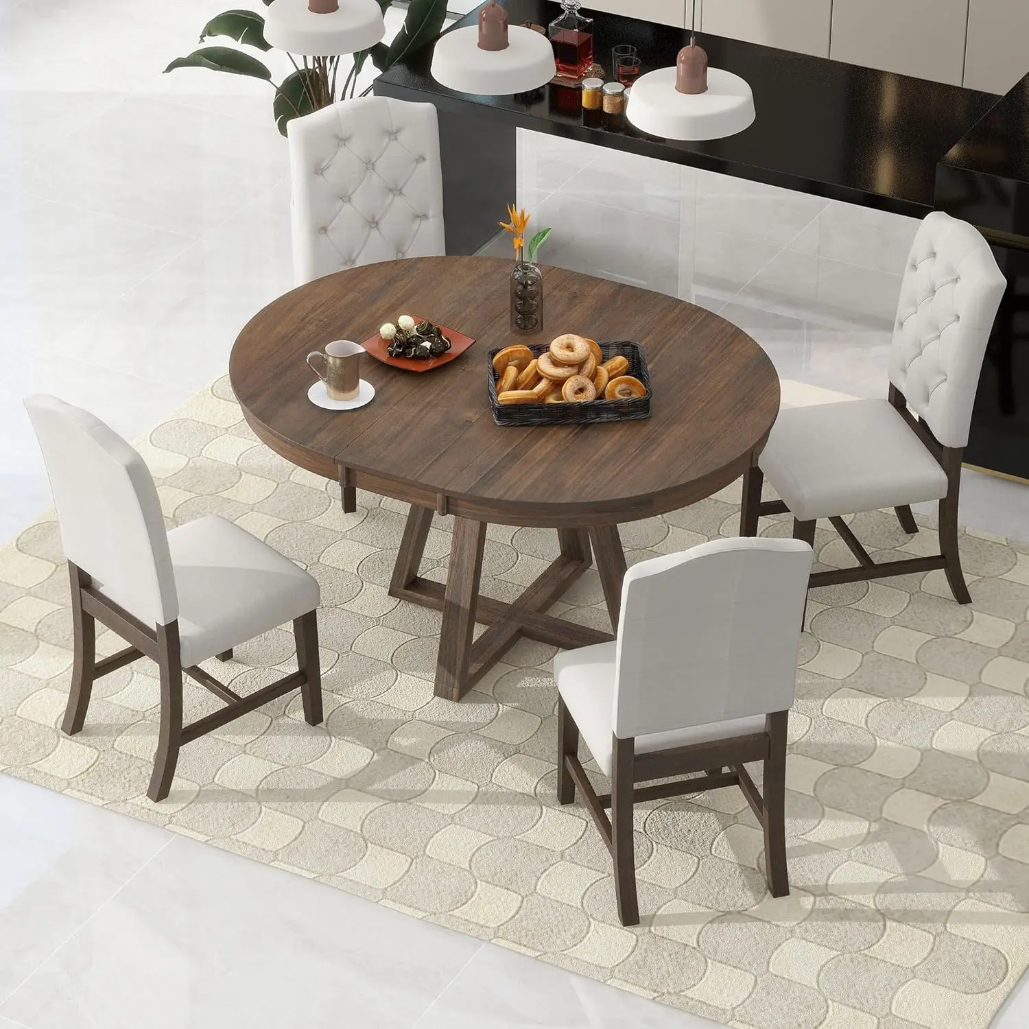 Conjunto de mesa de cozinha com folha removível de 16 polegadas e 4 cadeiras estofadas para cozinha, sala de jantar, espaço pequeno, bege + nogueira
