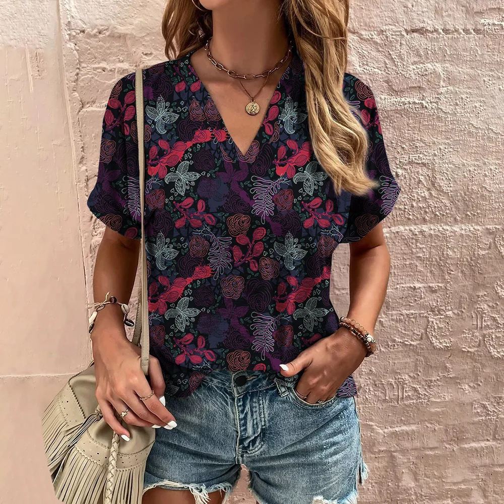 Retro Print Women\'s T Shirt Classic Floral Tees For Ladies Summer V-Neck Short Sleeve Tops Female Oversized Clothes Daily Blouse