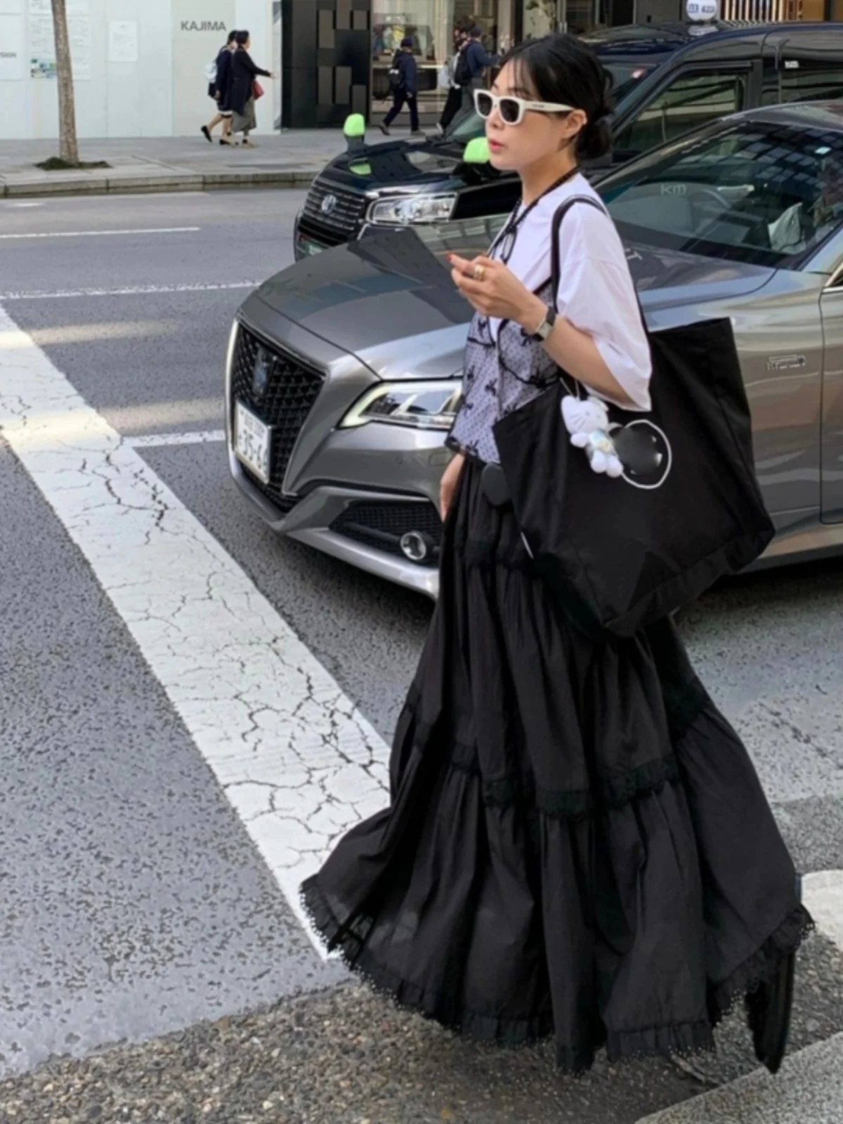 Saia branca de cintura alta, linha a, vintage, personalidade suave, emenda, borda de renda, bolo, saia longa, casual, meia co...