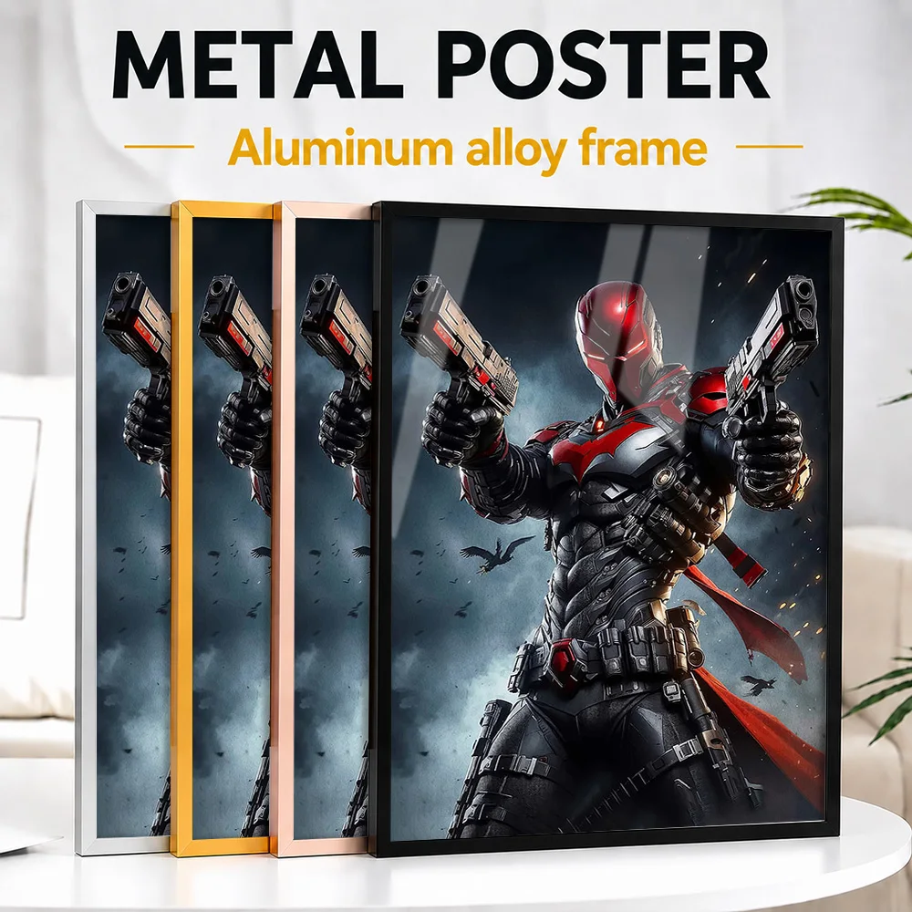 Red Hood Holding Two Guns Framed Aluminum Metal Poster Customized Photo Epic Battle Style Wall Art For Bedroom Action Fan Gift
