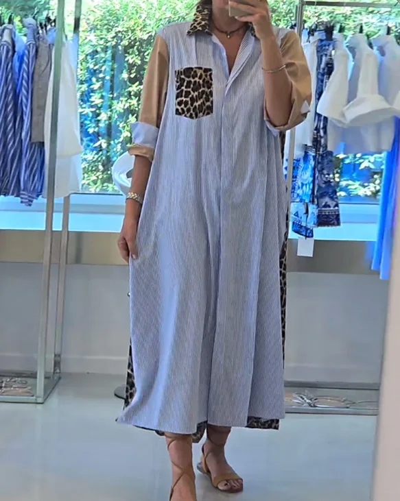 

Fashion Commuter Shirt Dress Spring New Lapel Button Pocket Leopard Striped Spliced ​​printed Long Dress Loose Big Hem Dresses