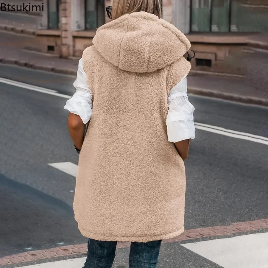 Jaqueta de algodão acolchoada com capuz de comprimento médio feminina, colete Parkas sem mangas, casaco grosso, quente, casual, novo, outono, inverno, 2022