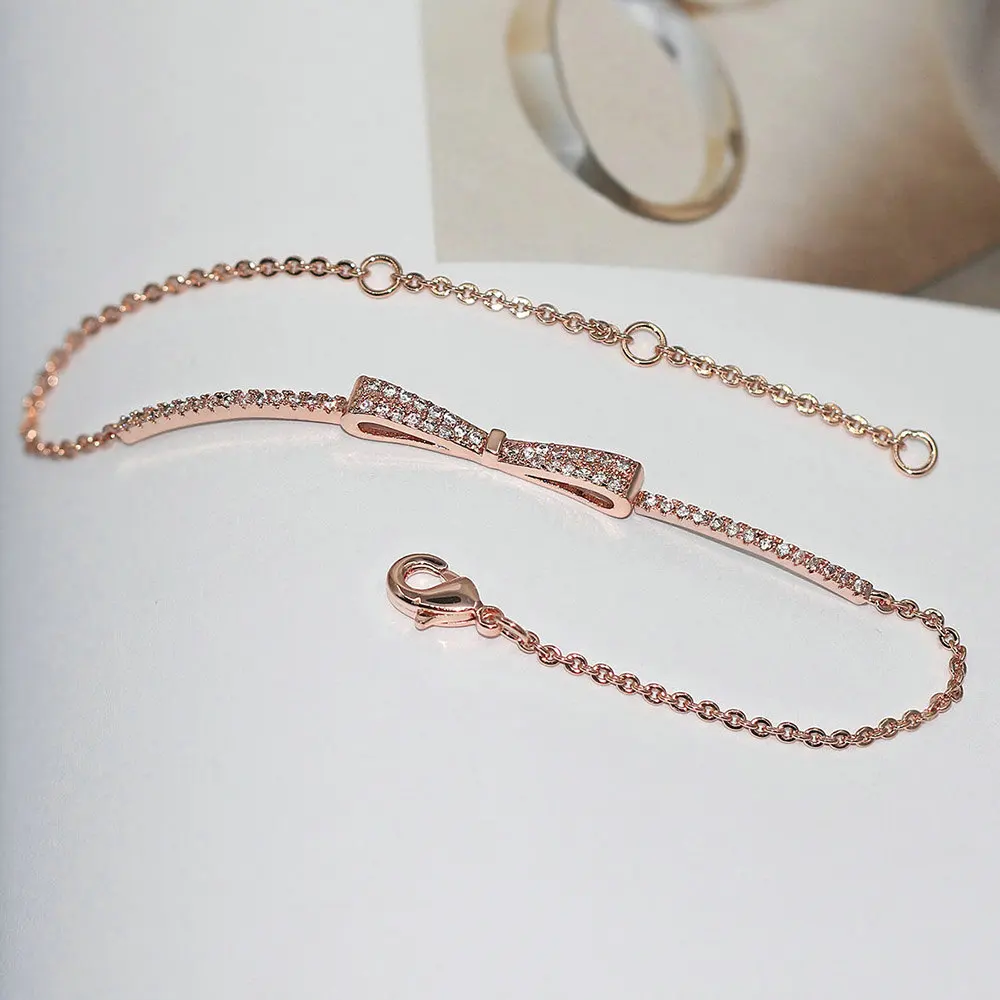 Cute Dainty Bowknot Bracelets For Women Girls Rose Gold Color Silver Plated Zirconia Chain on Hand Daily Fashion Jewelry H203