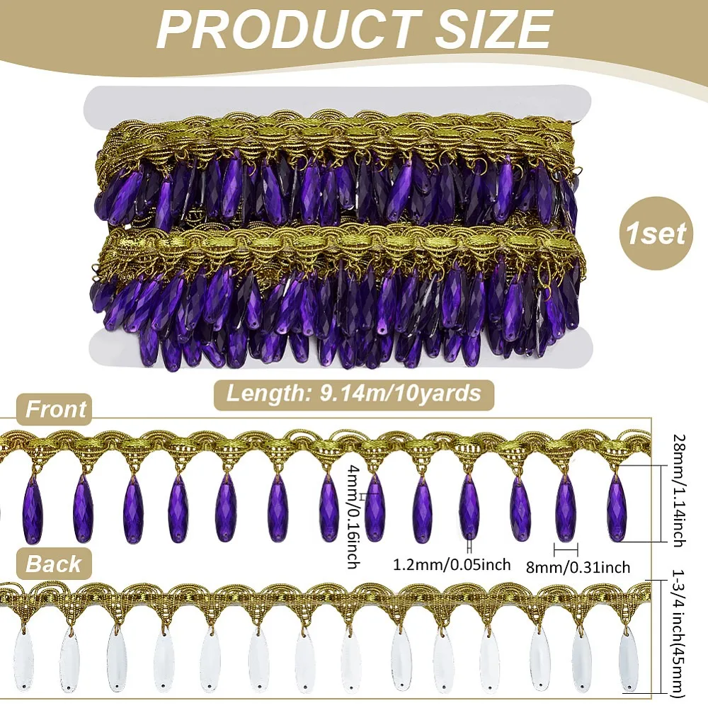 Polyester Lace Ribbon with Plastic Teardrop Charms Tassel Wave Edge Lace Trim Clothes Accessories Blue Violet 1-3/4 inch(45mm)