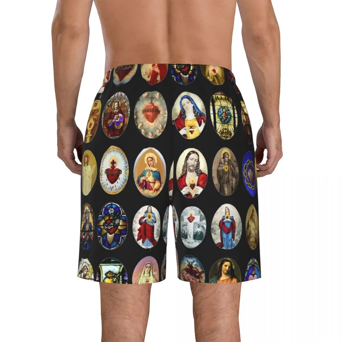 Pantalones cortos de playa Sagrado Corazón de Jesús y María para hombre, bañador de secado rápido para Fitness, divertidos pantalones cortos 3D divertidos de calle