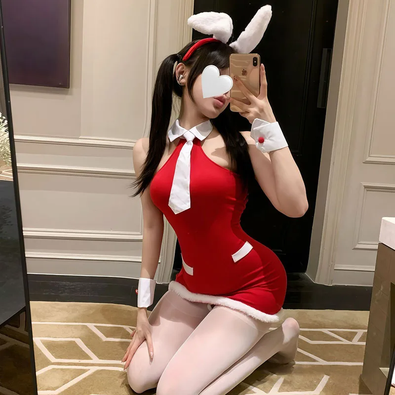 

2026 New Year Party Bunny Girl Waiter Maid Uniform Red Dress Cosplay Costume Pure Lust Style Christmas Clothes Women Sexy Pajama