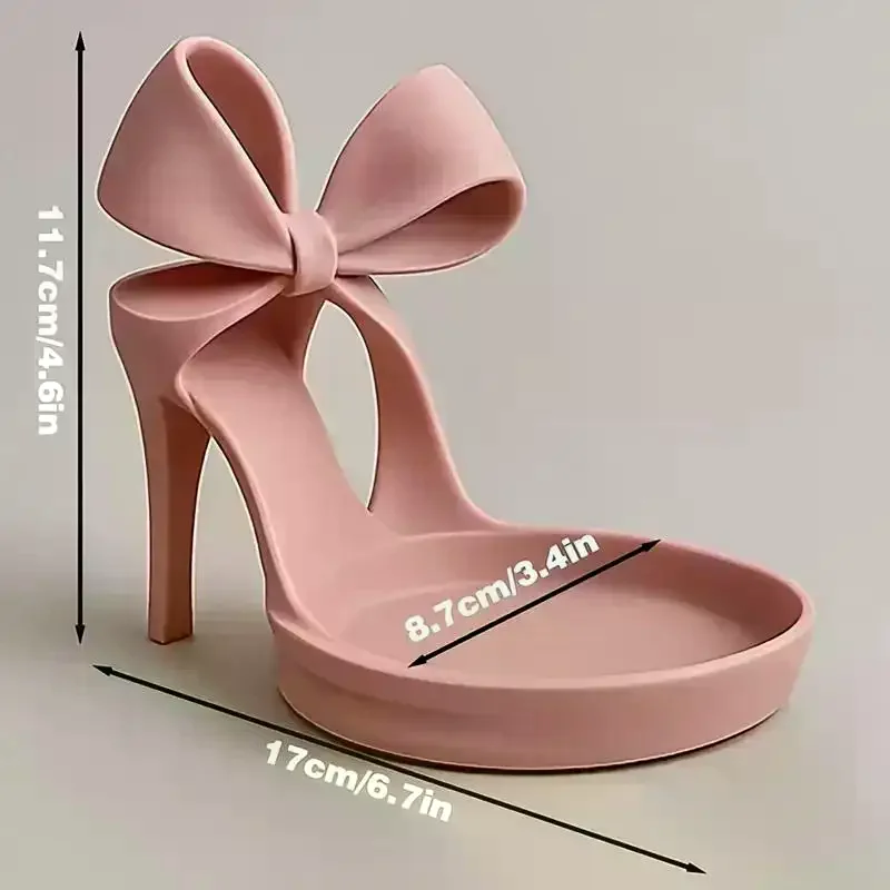 حامل مجوهرات بكعب عالٍ مطبوع ثلاثي الأبعاد - صينية مجوهرات أنيقة على شكل حذاء مع زخرفة على شكل فيونكة وحامل حلقة ووظيفة تخزين