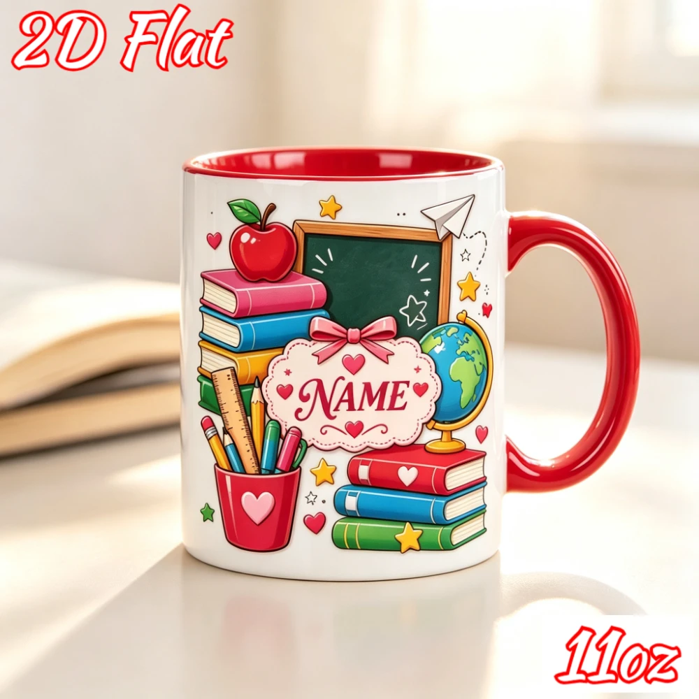 Personalized Teacher Mug 11oz Custom Name Ceramic Coffee Cup School Books Apple Globe Novelty Gift for Teacher Thank You